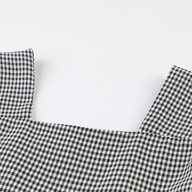 

Vintage Gingham Women Dress Loose Pleated Plaid Puff Sleeve Square Collar High Waist 2021 Elegant Casual Chic Dresses Vestido