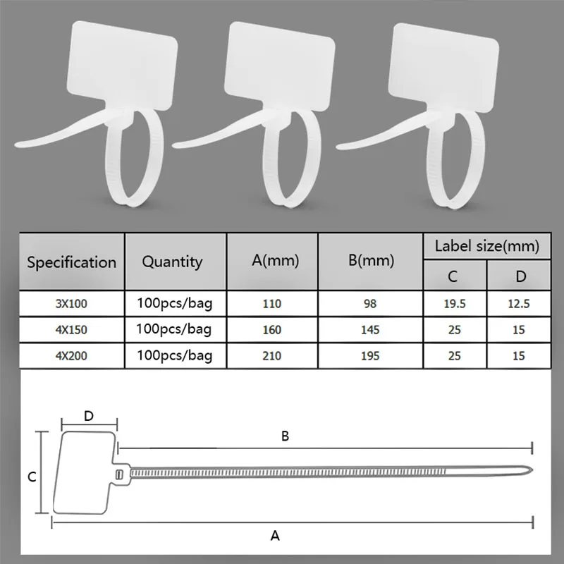 

100pcs Nylon Cable Ties Easy Mark Plastic Tag Markers Self-Locking Zip Network Loop Wire Straps Label Muti-Purpose 3*100 4X150MM