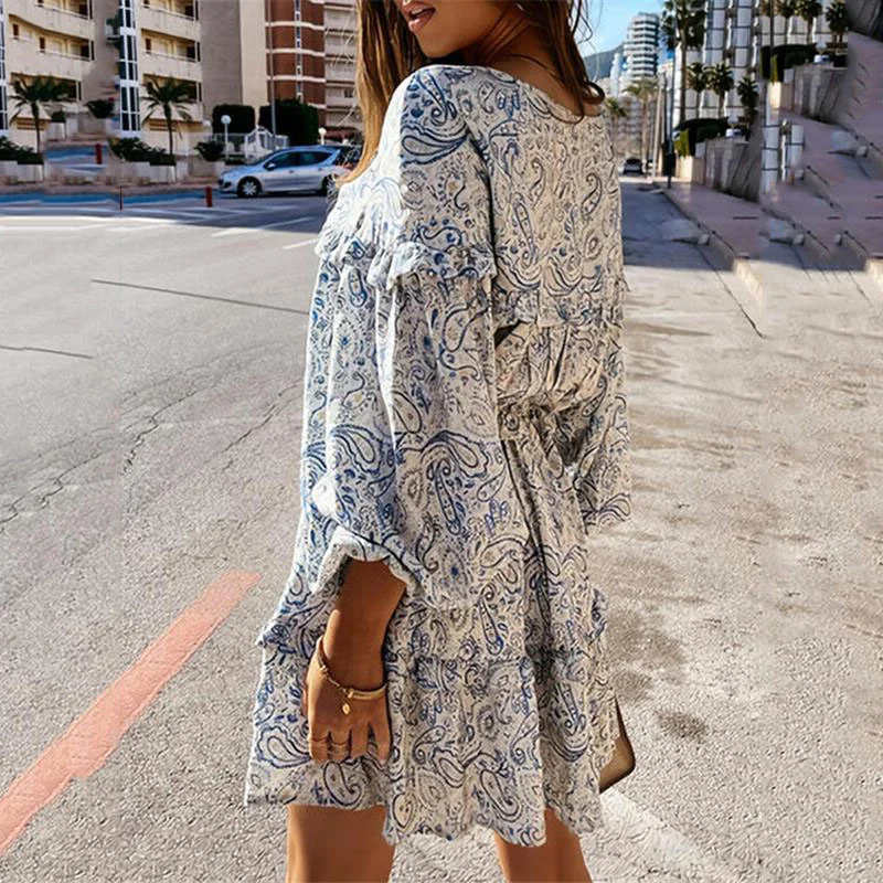 

Fashion Dress Women Long Sleeve Chic Slim Dress Casual Office Temperament Dress For Women Floral V Neck Print Female Mujer