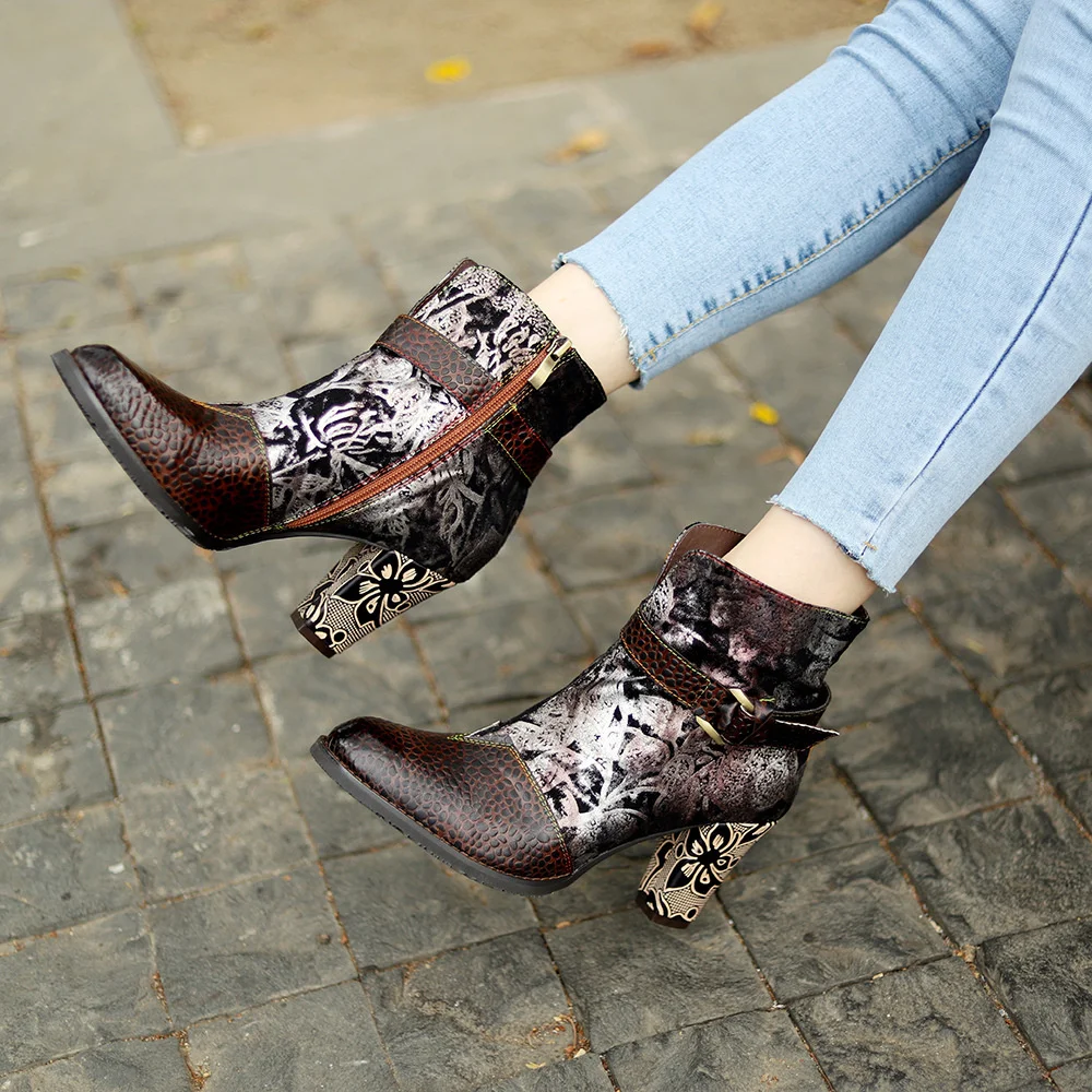 

French printing belt dark Gothic thick heel high heels women's Boots