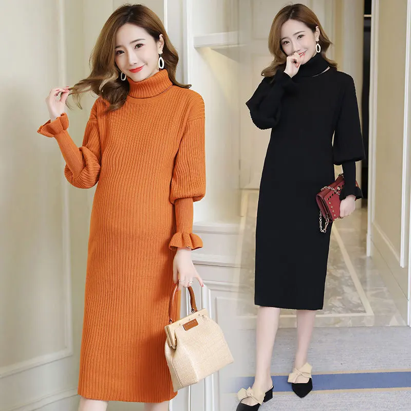 Осенне-Весенние длинные вязаные платья для беременных приталенная повседневная