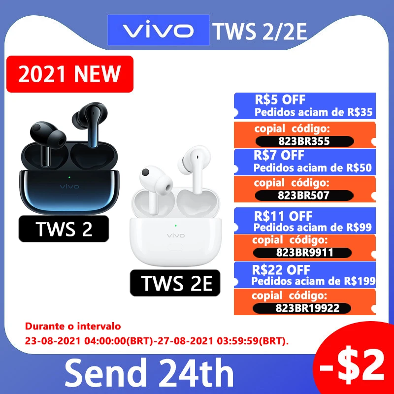 Наушники вкладыши ViVO TWS 2 2E беспроводная гарнитура Bluetooth QCC Neo 14 мм IP54 X50 X30 Pro iqoo Nex 3 U3x