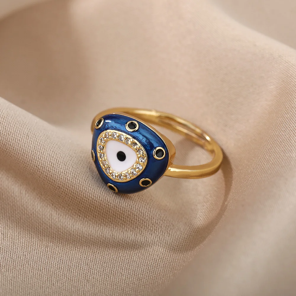 

2022 Trendy Turkish Blue Lucky Cubic Zircon Evil Eye Rings for Women Gold Color Fashion Sweet Party Jewelry Bijoux Femme