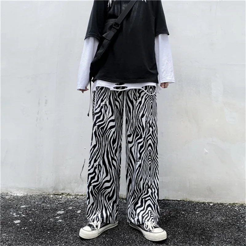 

Spring new Harajuku style contrast color zebra pattern loose straight casual wide-leg pants