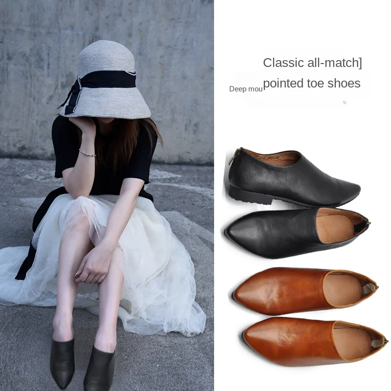 

Artmu Origional 2020 New Retro Pointed Toe Shoes Women's Flat Black Genuine Leather Shoes Handmade Shoes for Four Seasons