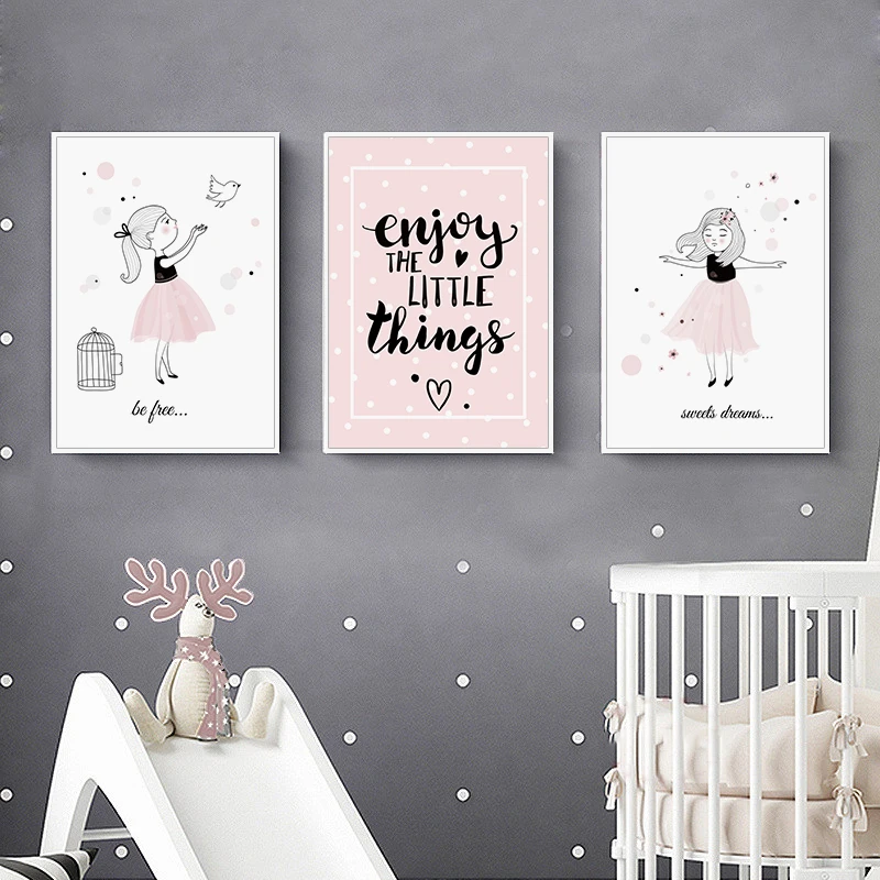 

Girl Birds Nursery Pink Cartoon Wall Art Canvas Painting Nordic Poster and Print Anime Wall Pictures for Kids Baby Bedroom Decor