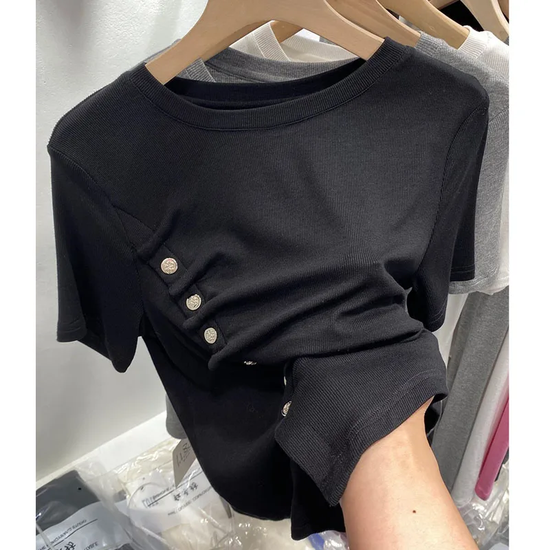 

2021 Thread Short Sleeve T-Shirt Women High Waist Slim Summer Tees New Fork Irregular Women 100% Cotton O-Neck Solid Short Tops