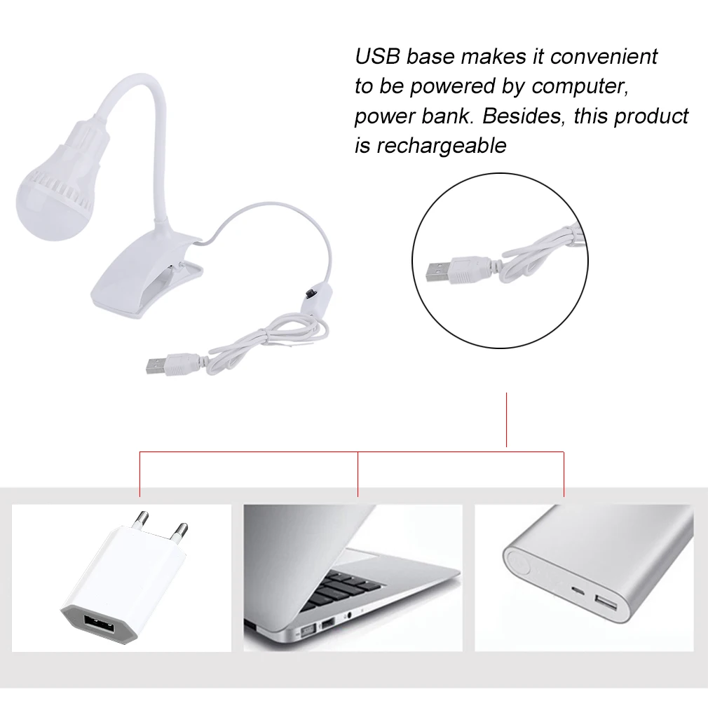 Супер яркий светодиодный настольная лампа на прищепке USB Перезаряжаемые для