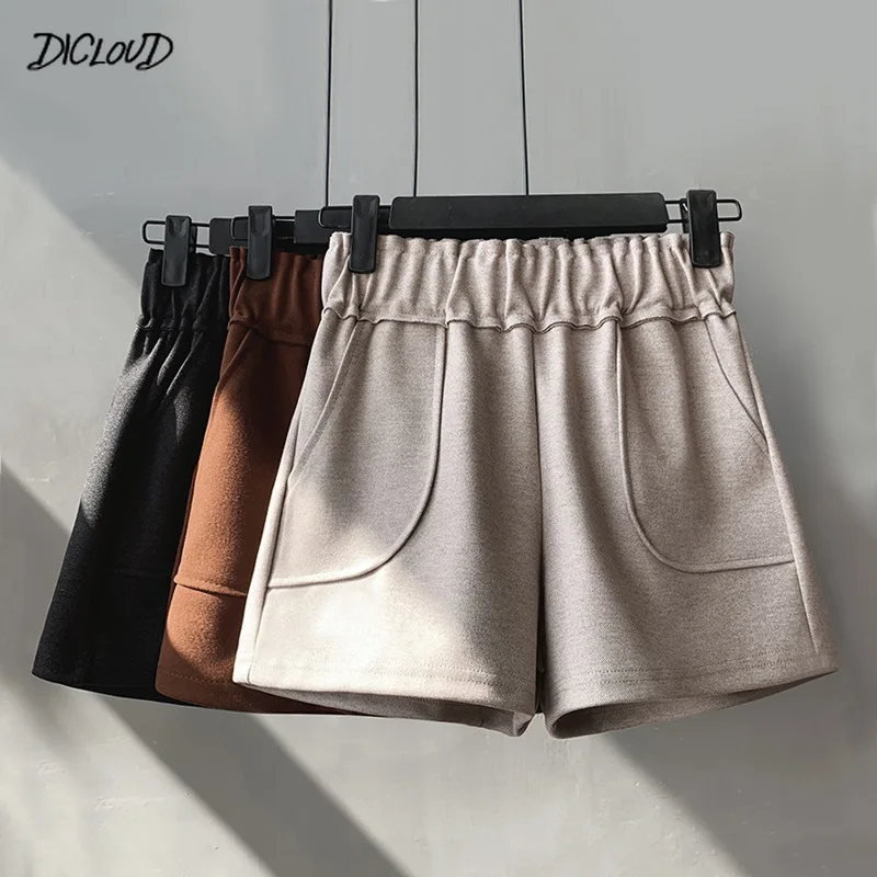 

Женские шерстяные шорты с высокой талией, однотонные повседневные свободные плотные теплые прямые шорты с эластичным поясом и карманами на...