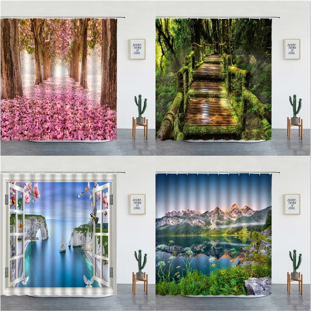 

Summer Landscape Shower Curtains Flower Plant Waterfall Natural Scenery Background Wall Decor Bathroom Bathtub Screen With Hooks