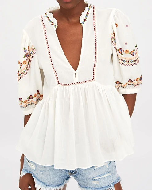 Everkaki Boho вышитые Хлопковые женские рубашки, футболки, топы, однотонные белые женские блузки с коротким рукавом, рубашки, женские топы Осень новинка