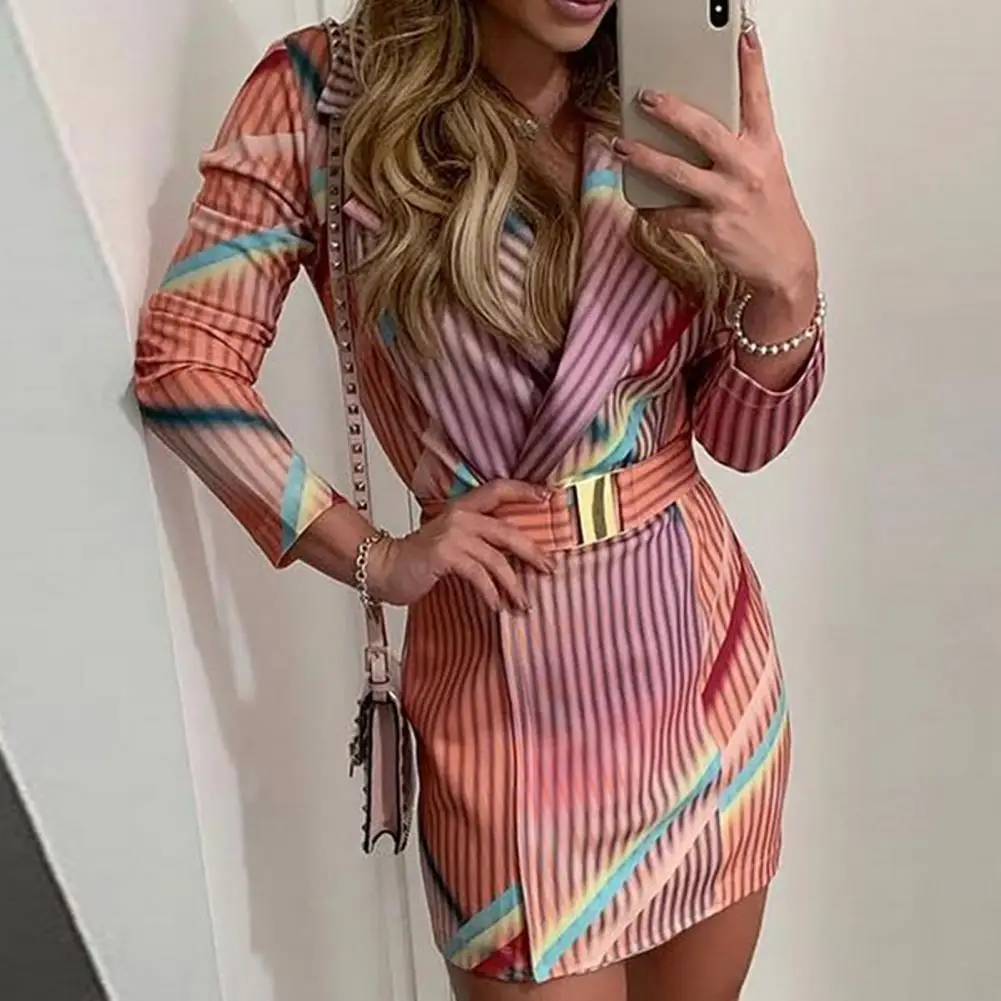 

Trendy Elegant Tailored Skirt Blazer Dress Comfortable Lightweight Striped Print Multi Color Mini Shirt Dress Office Lady Wear