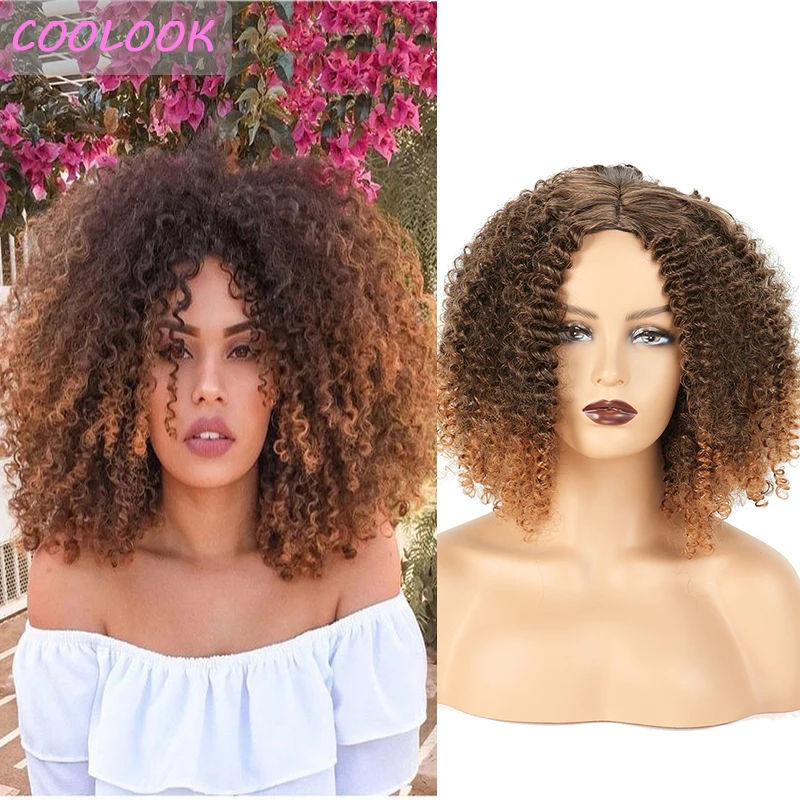 

Brown Afro Kinky Curly Wig Honey Brown Short Deep Curly Wigs for Black Women Ombre Synthetic Fibre Afro Curls Wig Peruca Cosplay