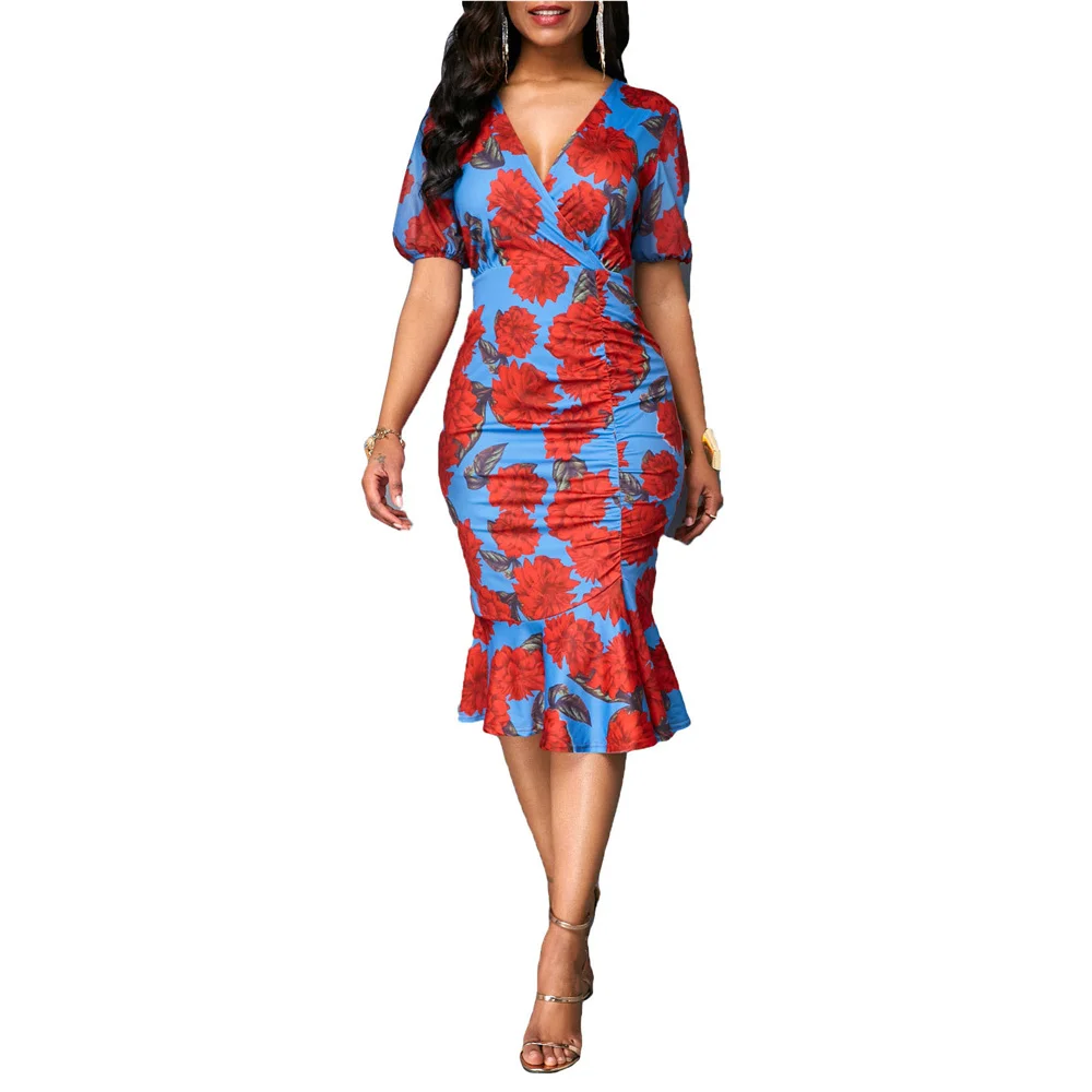 

V-neck Printing Bag Buttock Slim Ruffle Commuter Elastic Dress Women's Dress