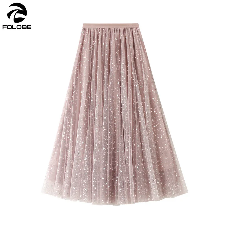 

FOLOBE 2021 Spring Fairy Star Sequins Skirts Women Shiny Fantasy mesh A-line Hight waist Mid Calf Pleated skirts Ladies