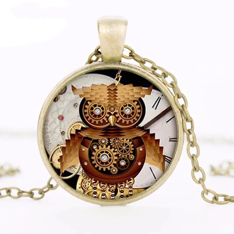 

Steampunk Owl Dinosaur Photo Glass Dome Cabochon Pendant Chain Necklace Fashion Owl Jewelry Accessories for Women's Men's Gifts