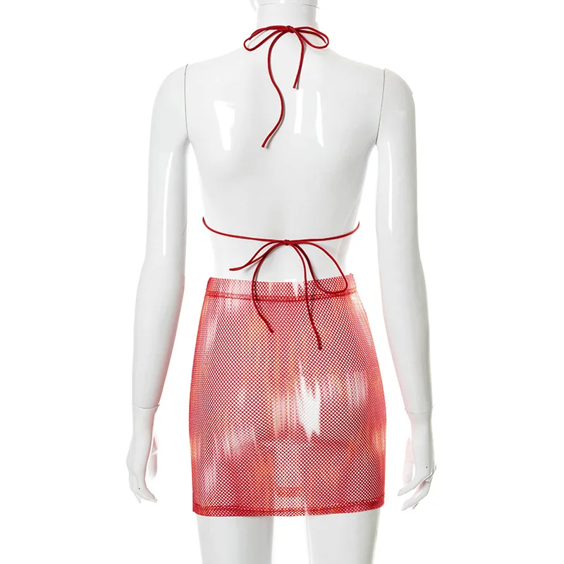 

ZKYZWX Sexy 2 Piece Sets Womens Vacation Outfits Hollow Out Mesh Sheer Crop Top and Mini Skirts Festival Clothing Matching Sets