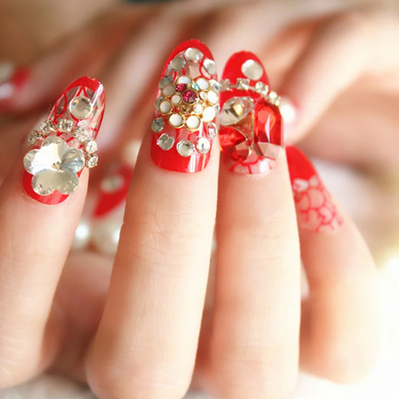 

24Pcs/Set Adhesive False Nail Tips Red Shining Diamond Finished Round Fake Nails Full Cover for Wedding Bride Decoration EY669
