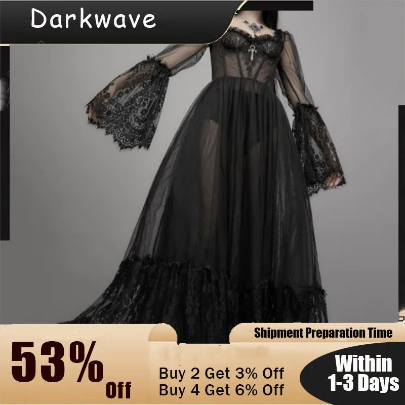

Rosetic Sexy Mesh See Through Lace Long Dress Women Gothic Vintage Flared Sleeve Elegant Party Nightclub Maxi Dresses Black 2021