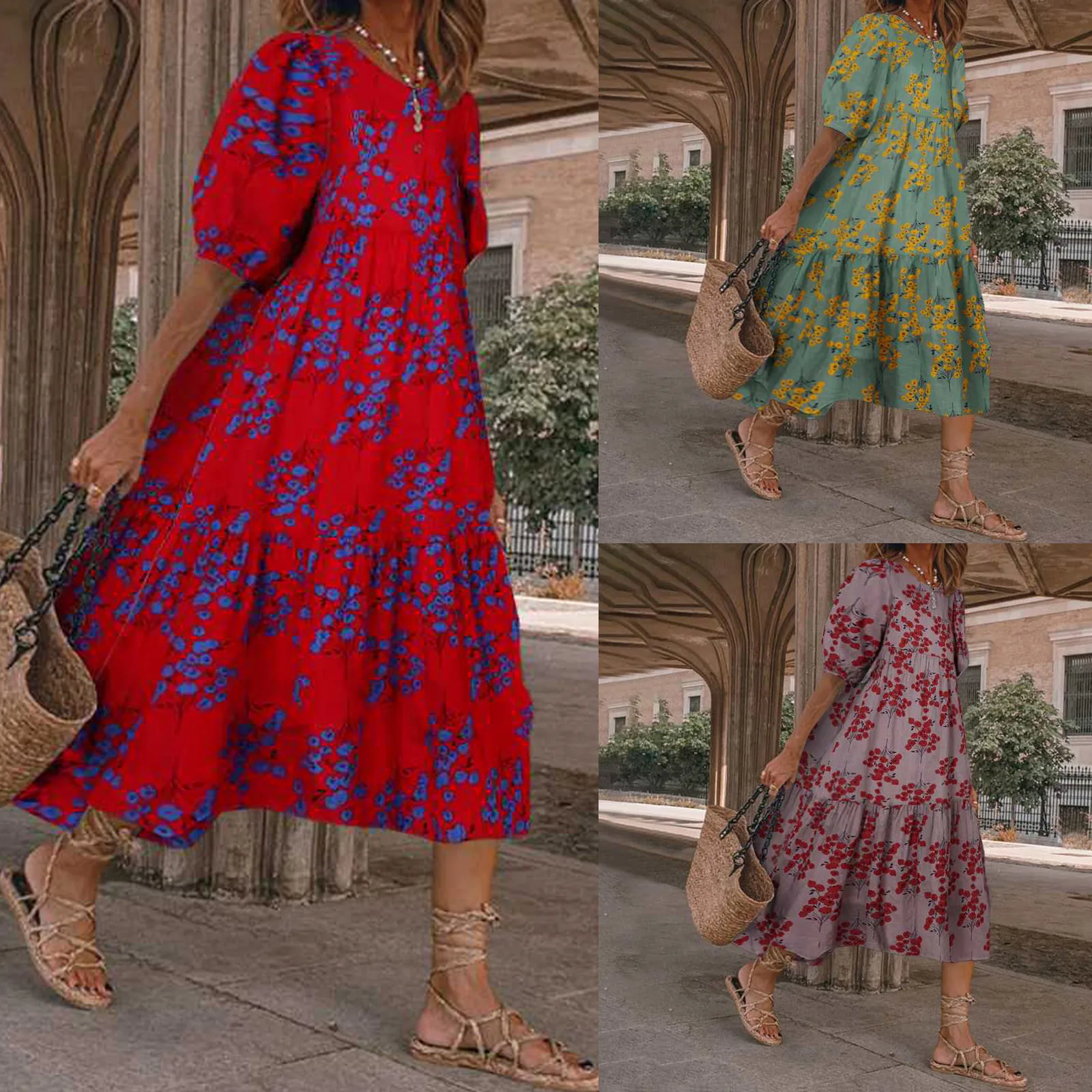 

65# Women's New Fashion Puff Sleeve Printed Casual Loose Splicing Dress 2021 Vestido De Mujer Summer Dress