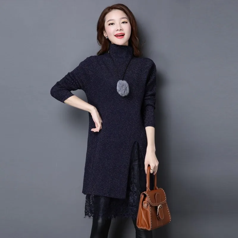 High Neck Turtleneck Women Sweater Pullovers Knitted Lace Solid Slim Fit Long Dress Winter Woman Knitting Warm Clothes | Женская одежда