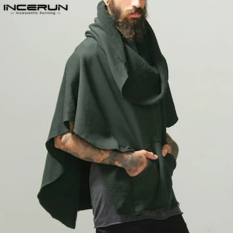 

INCERUN Men Irregular Hoodies Cloak Heaps Collar Solid Color Loose Pullovers Men Pockets 2021 Streetwear Casual Sweatshirt S-5XL