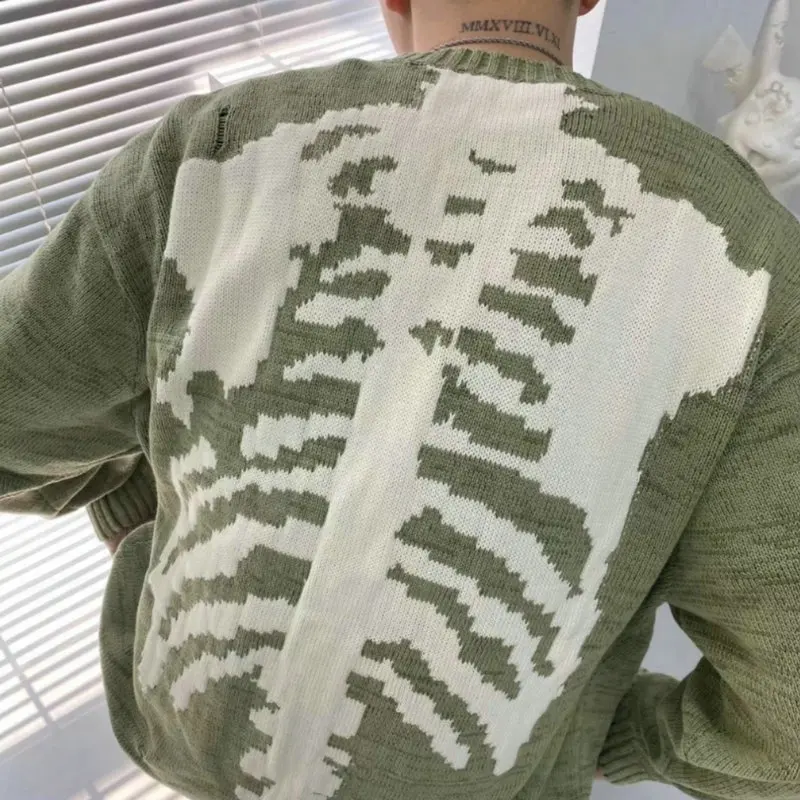 

Men Oversized Sweater Green Loose Skeleton Bone Printing Woman High Quality High Street Damage Hole Vintage 1:1 Knitted Sweater