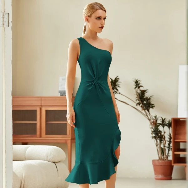 

CY Autumn Fashion Elegant Green One-Shoulder Rayon Bandage Dress Women Bodycon Nightclub Sexy Evening Party Gown Beautiful