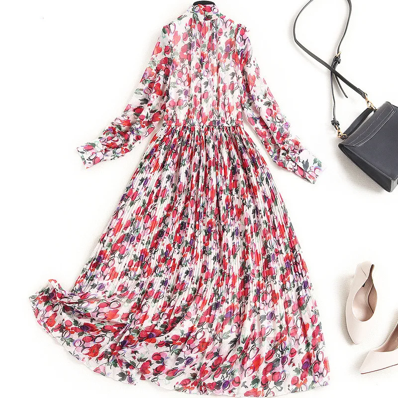 

2021 Spring New Runway Fashion Bow Collar Print Mid Calf Pleated Chiffon Dress Women Clothes Elegant Casual Bohemian Beach Festa