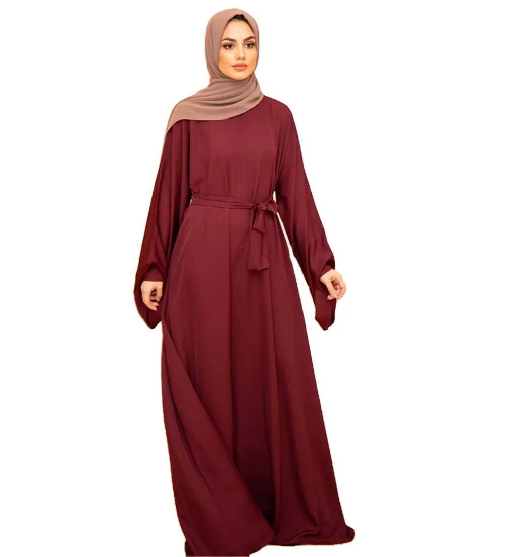 

Ladies Long Dress With Belt Islamic Clothing Long Gown Robe Basic Middle Eastern Turkish Solid Color Plus Size Dubai Muslim