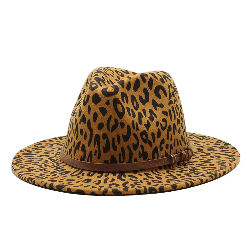

2020 Men Women Wide Brim Wool Felt Leopard Print Fedora Hats With Belt Buckle Vintage Panama Trilby Cap Hat