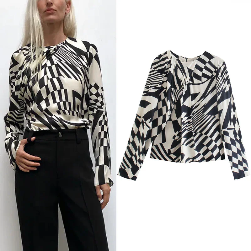 

Женская плиссированная блузка с принтом Za, повседневный топ с круглым вырезом и длинными рукавами, элегантная приталенная женская блузка с ...