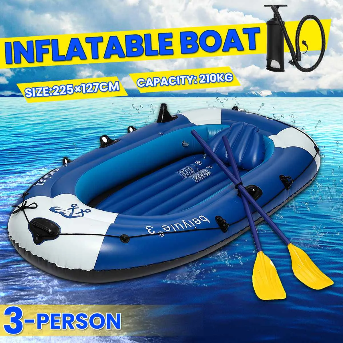 

Комплект надувной лодки для 3 человек, портативная лодка для водного катания на лыжах с насосом для лодок, подшипник из ПВХ и резины для рыба...