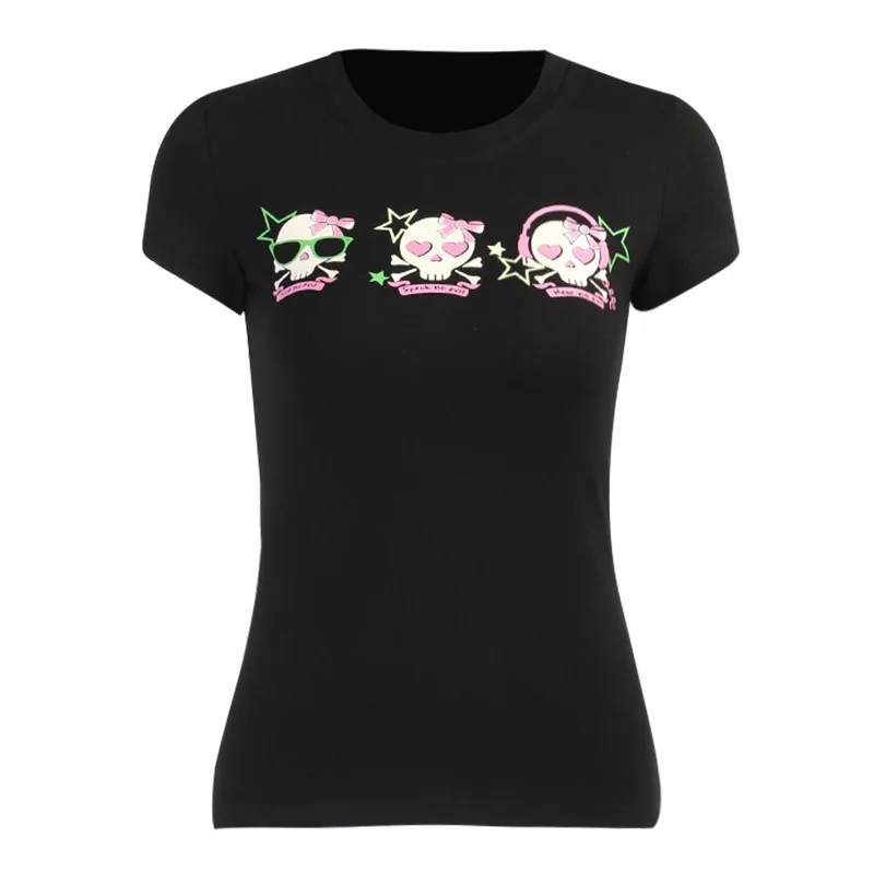 

Gothic T Shirt for Women 2021 Summer Clothes Harajuku Mujer Verano Tops Punk Goth Bodycon Y2K Skull Print Black Basic T-shirts