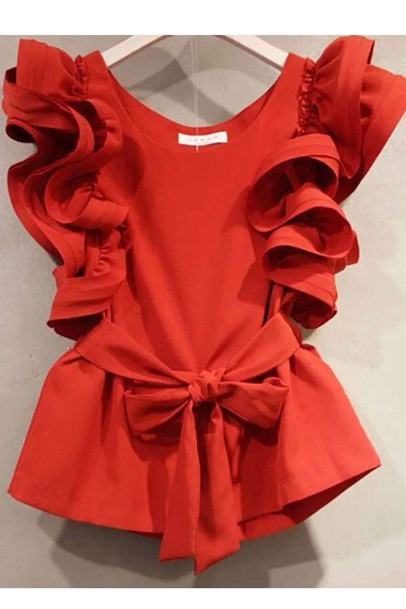 

2021 Summer New Solid Butterfly Sleeve Top O Neck Loose Slim Belt Waist Shirts for Women