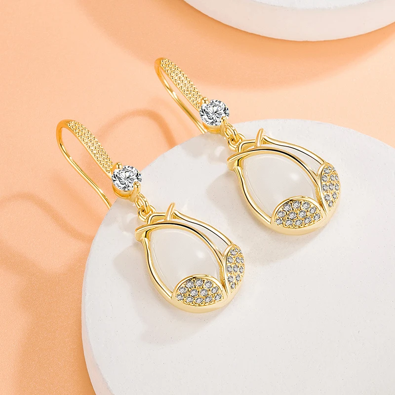 

Romantic Tulip Flower Golden Drop Earrings For Women Micro Crystal Opal Stone Elegant Dangle Earring Accessories Jewelry Gifts