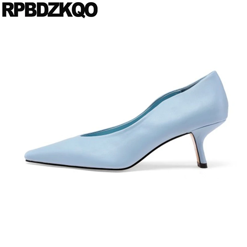 

High Heels Light Blue 2021 Size 33 Beige Genuine Leather Black Work Shoes Women Ladies Pumps Scarpin Pointed Toe Casual Formal