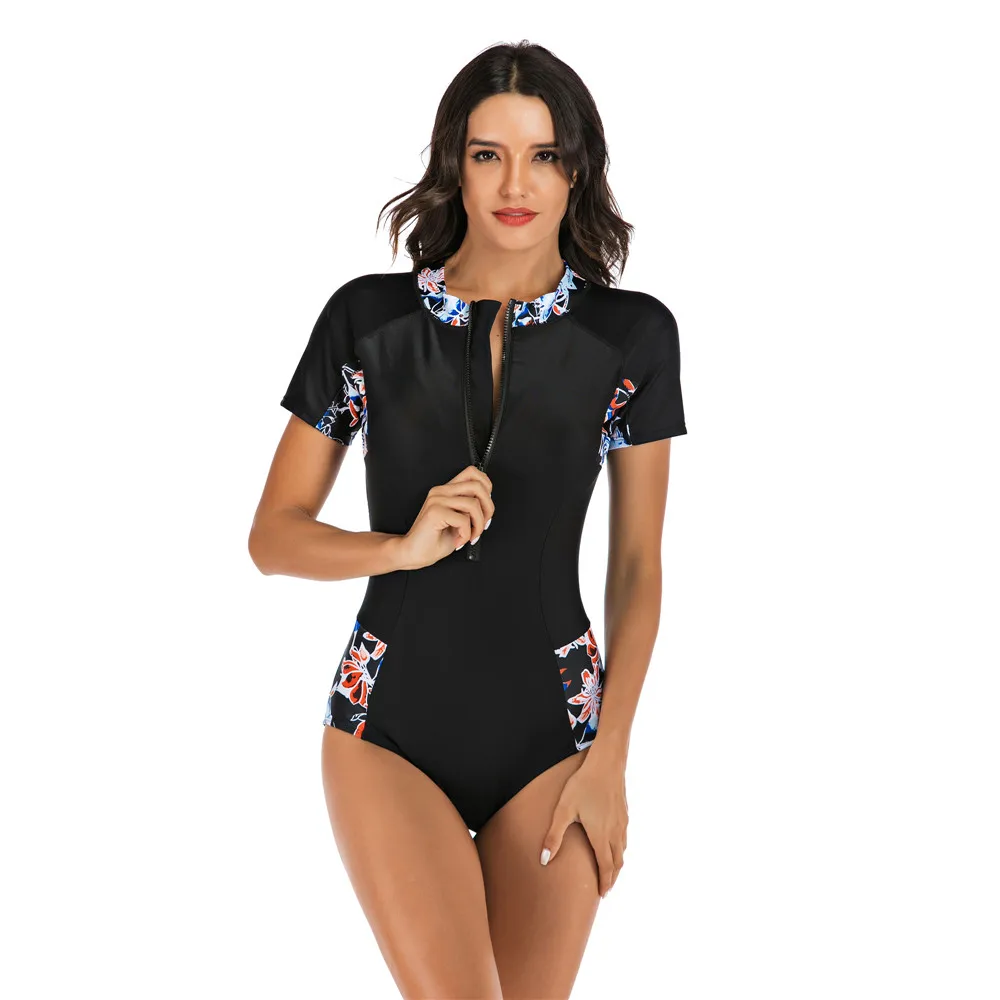 Женский слитный купальник с принтом коротким рукавом| |