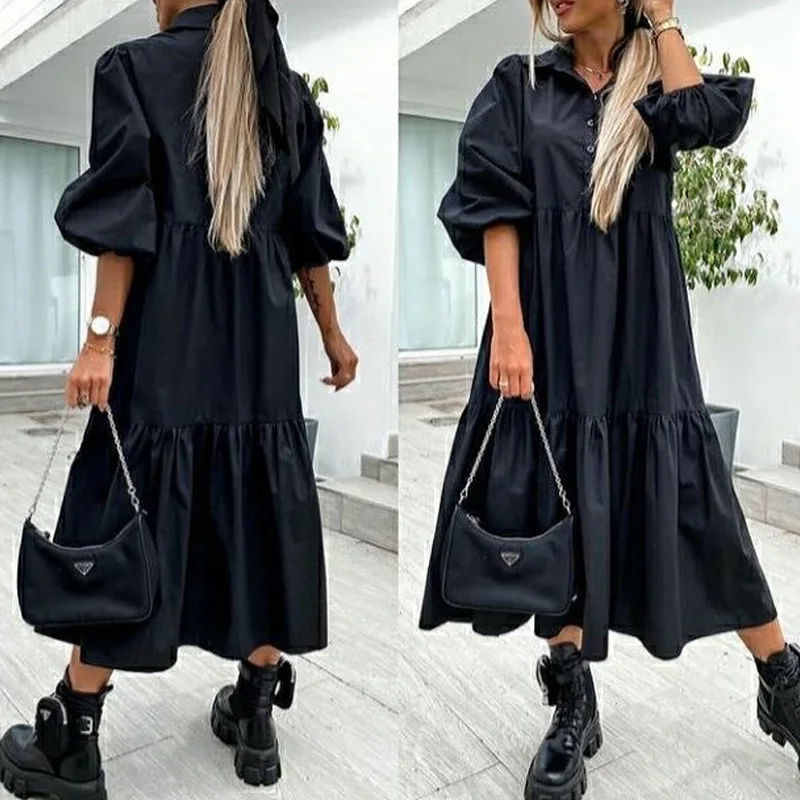 

Sexy Turn-down Collar Button Dress 2021 Spring Women Loose Pleated A-line Dress Summer Half Sleeve Solid Beach Long Dress 2XL