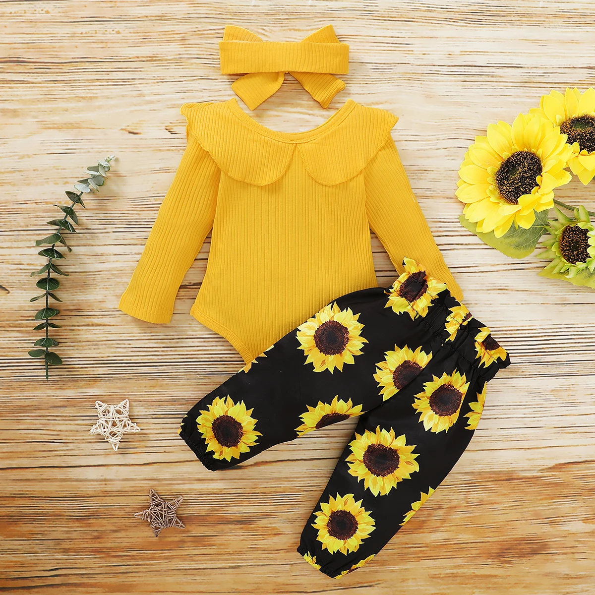 

Three Piece Baby Girls 0-24M Clothes Fresh Solid Color Long Sleeve Jumpsuit and Sunflower Long Pants with Headband