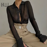 sexy mesh long sleeve transparent turn down collar womens shirt poncho black white club office lady casual blouses and shirts