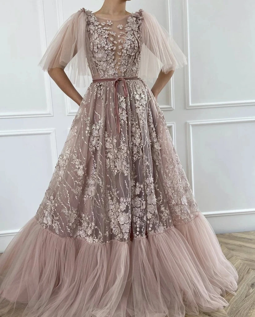 

Moroccan Evening Dresses A-line Scoop Tulle Appliques Flowers Long Turkey Dubai Saudi Arabia Prom Dress Gown