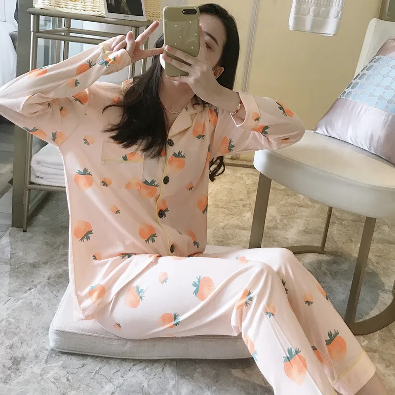 Осенняя Новинка женские пижамы топы с отложным воротником Женский пижамный