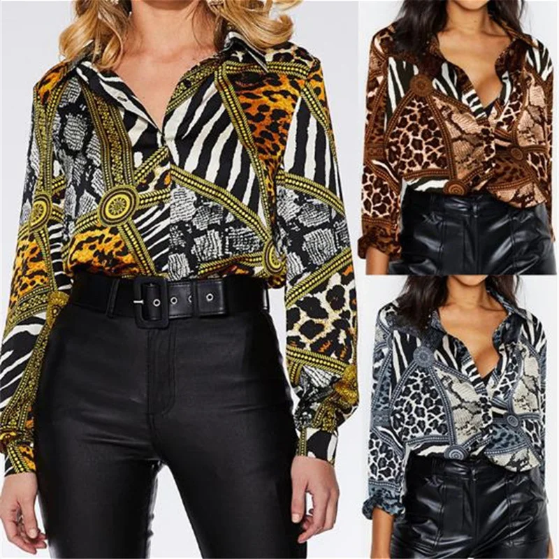 

Fashion Autumn Sexy Women Leopard Chain Print Long Sleeve Shirt Office lady Casual Blouse Chiffon V-Neck Streetwear Dropshipping