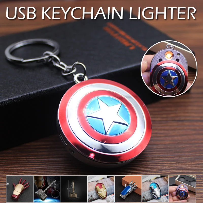 Mini Hero Parts USB Electronic Lighter Hand Lighter Luminous Led Light Key Chain Flameless Plasma Arc Cigarette Lighter Gift