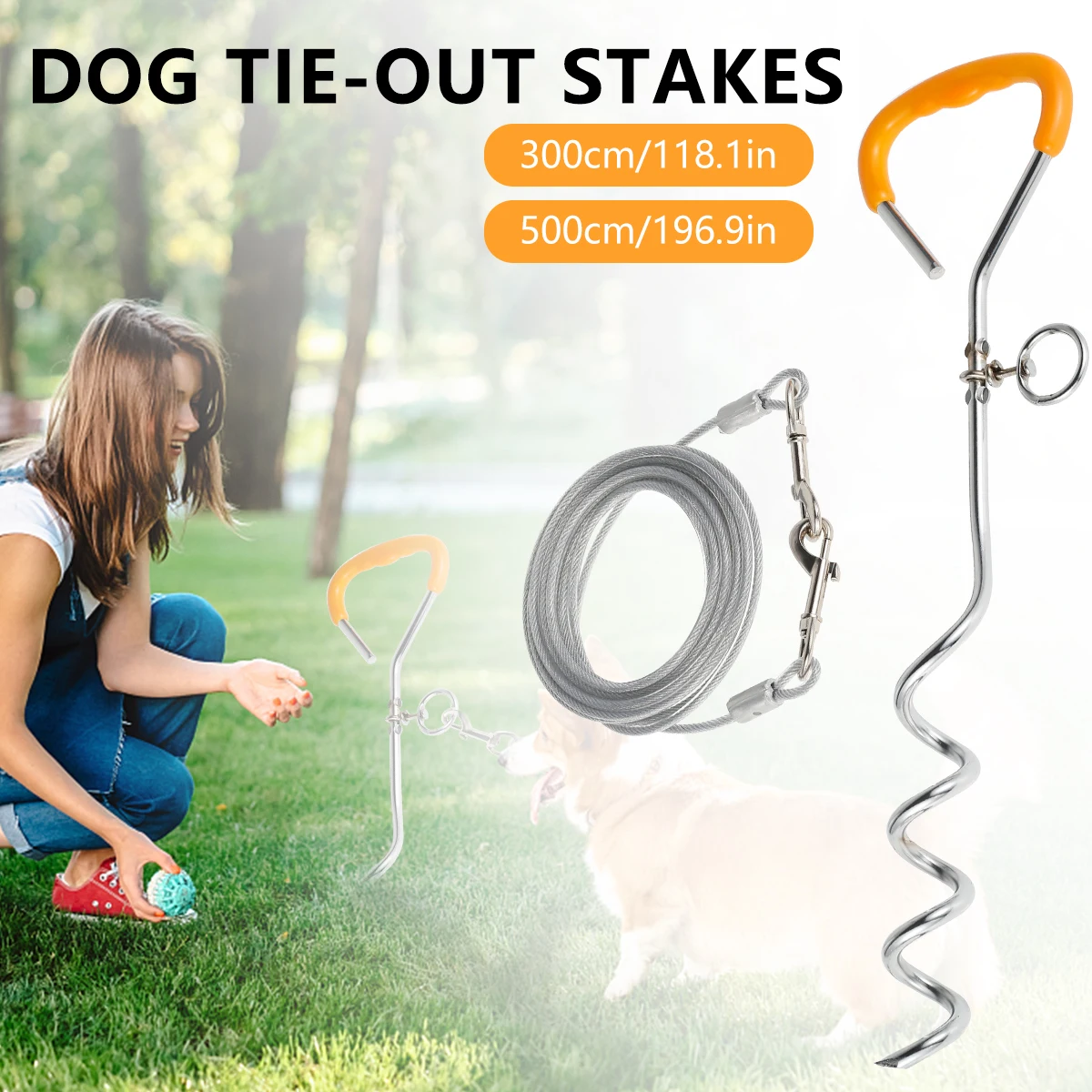 

Outdoor Pet Leash with Dog Fixed Pile Metal Screw Stake for Camping Garden Ground Steel Wire Dogs Leads Leashes Set 9.8ft/19.ft