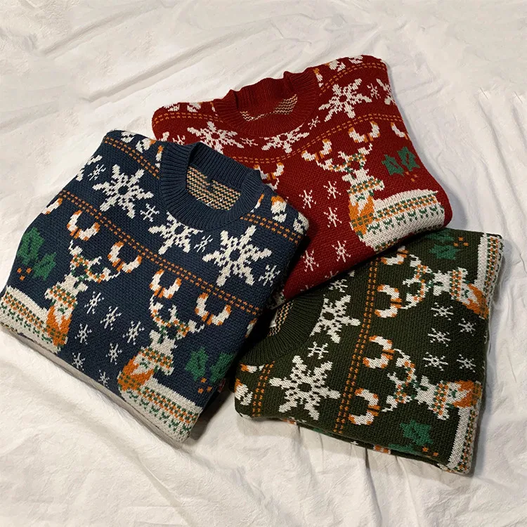 

2022 Xmas Winter New Mid-length Loose-fitting Mock Neck Thickened New Year Christmas Elk Red Sweater Female Casual Style