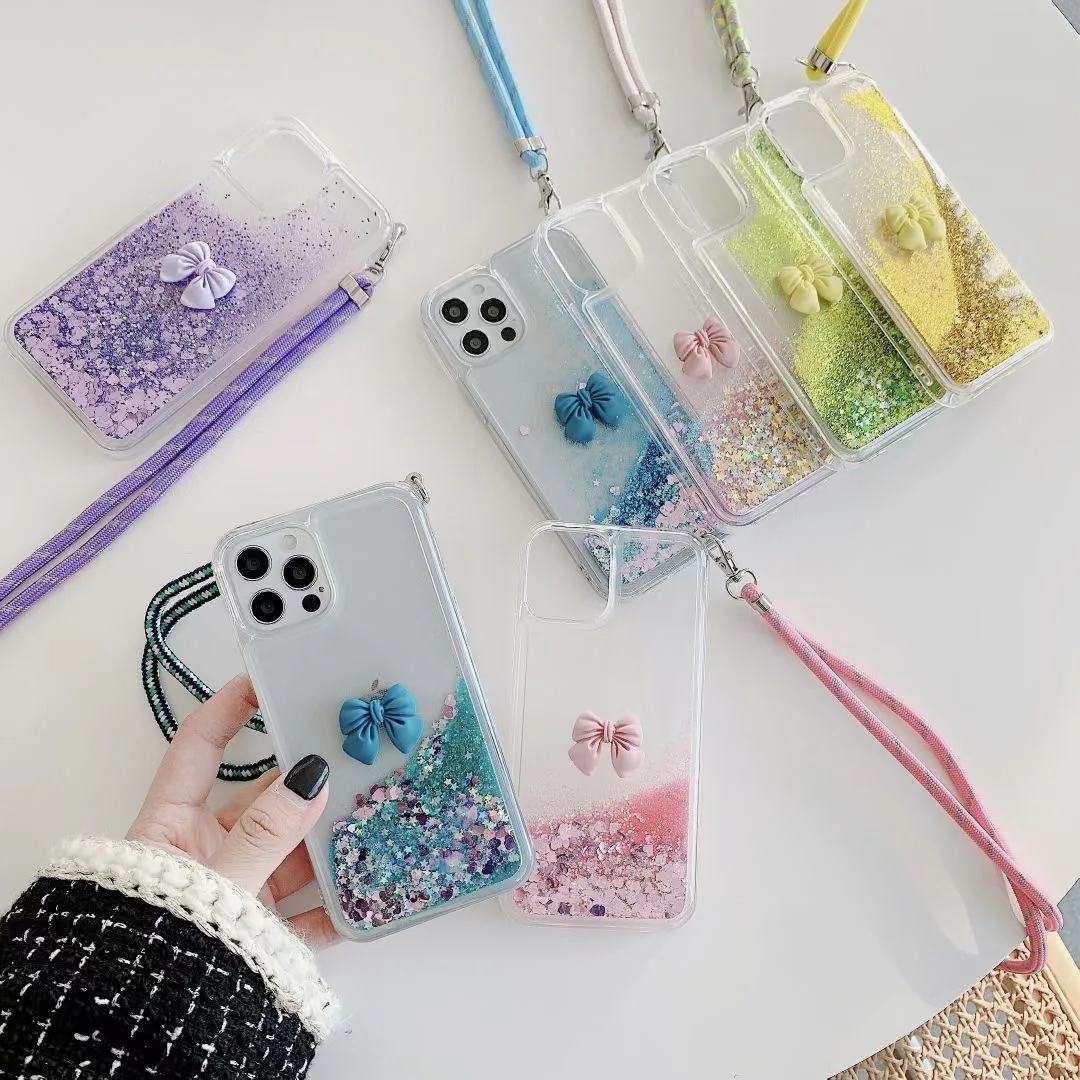 Чехол с динамическим блеском бабочкой и ремешком на шею для iPhone 12 11 Pro Max X XS XR 7 8