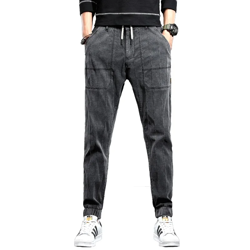 

Fashion Stripe Casual Pencil Pants Men Dark Gray Drawstring Denim Trousers Korean Streetwear