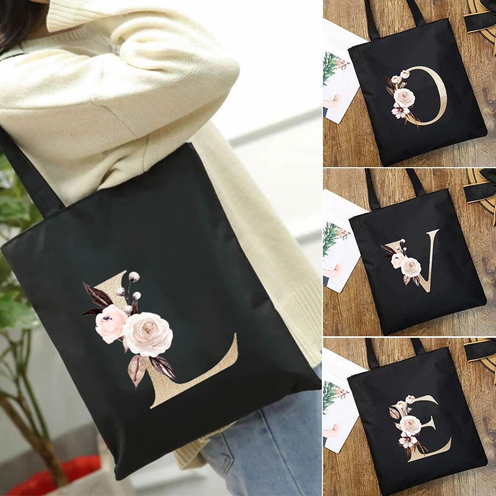 

Холщовые сумки через плечо с золотым алфавитом и цветами, Женская Повседневная дорожная сумка для покупок, органайзер, вместительная сумка-...